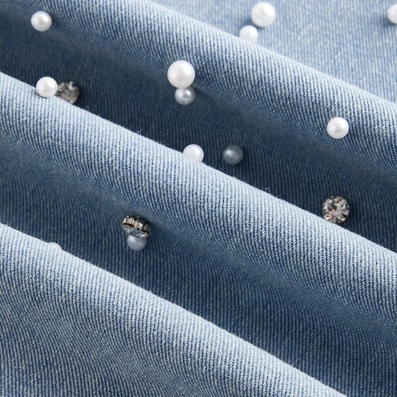 Blue Casual Women's Front Button Pocket Faux Pearl Decor Denim Jeans - Picture 3 of 4